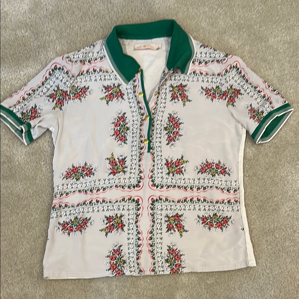 Tory Burch Floral Polo with Green Collar